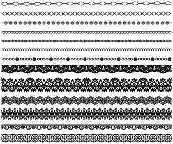 Set of different lace ribbons with ornament. Black design elements isolated on white background. Seamless pattern for creating style, decor design. Lace decoration template, geometric print. Set of different lace ribbons with ornament. Seamless pattern for creating style, decor design