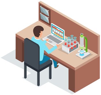 Organization of workplace of man scientist. Male researcher sitting at table with technology and equipment for lab experiment. Design of furniture and items in office of scientific spesialist. Organization of workplace of man scientist. Male researcher sitting at table with lab equipment