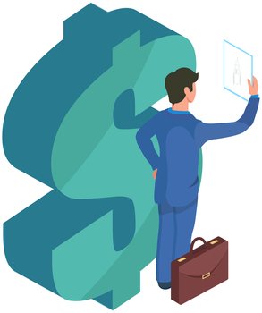 Business finance concept, businessman stands near dollar sign, business growth, inflation. Earning money, increasing capital, pursuit of money, capital gains, cash profit, financial investment, income. Business finance concept, businessman stands near dollar sign, business growth, inflation