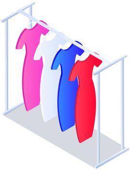 Hanger for home or boutique interior. Colored pants and jeans on hangers for fitting room. Wardrobe items on stand isolated on white background. Choosing clothes, garments for outfit concept. Hanger for home or boutique interior. Colored pants and jeans on hangers for fitting room in store
