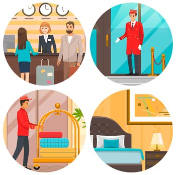 People traveling and staying at hotel with luggage. Happy holiday vacation, recreation concept. Tourist at reception counter, living room, doorman during work. Set of hotel daily routine scenes. Set of hotel daily routine scenes. Tourist at reception counter, living room, doorman during work