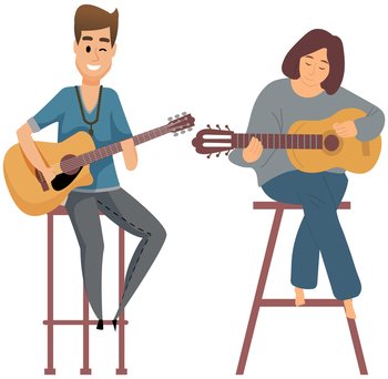 Guitarist sitting with guitar in spotlight, hand over strings. Artist performing, making live music. Man and woman plays musical instrument during concert. Character performs song on acoustic guitar. Guitarist performing, making live music on guitar. Man plays musical instrument during concert