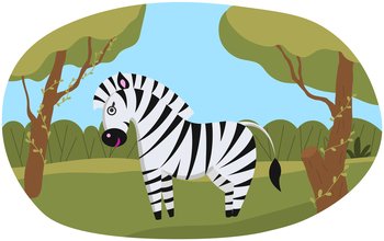 Cute zebra in landscape with acacia trees and green grass. African savanna with funny horse. Safari, outdoor zoo park with wild animal, wildlife. Horse with white and black stripes in nature habitat. Horse with white and black stripes in nature habitat. Cute zebra, wild animal in african savanna