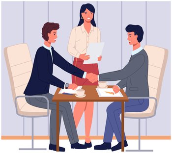 Business partnership cooperation beginning. Businessmen shaking hands after signing contract agreement. Business meeting of partners in office. Male colleagues discussing work and closing deal. Business partnership cooperation. Businessmen shaking hands after signing contract agreement