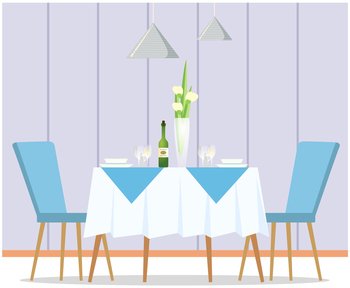 Table with tablecloth, dishes and decoration. Serving food and drinks in restaurant. Dining table with empty chairs and food. Place for date, rest, meeting in cafe or coffee shop vector illustration. Dining table with dishes, decoration and chairs. Serving food and drinks in restaurant, cafe