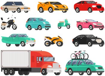 Set of modes of transport and machine shapes. Transport isolated on white background. Crossover, hatchback, pickup, cabriolet vehicle, motorbike, motorcycle. Cars of different types without drivers. Set of modes of transport and machine. Crossover, hatchback, pickup, cabriolet vehicle, motorbike