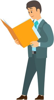 Businessman reading paper document. Concept of professional guide, manual or instruction, counselor providing information. Business person busy with work and career development tasks and solutions. Businessman reading paper document, busy with work and career development tasks and solutions