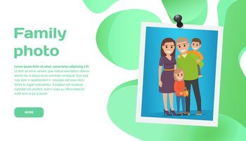 Family photo landing page template. Portrait in frame, adults and children. Photo for memory, sweet memories or interior decor. Mom dad and kids on yellow background. Family photographer website. Family photo landing page template. Portrait in frame, adults and children. Photo for memory