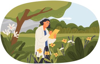 Woman exploring nature and making notes. Researcher analysing natural area. Environmental and ecology research. Scientist conducts ecological experiment. Explorer works researcher analyzes nature. Woman exploring nature and making notes. Explorer works researcher analyzes nature