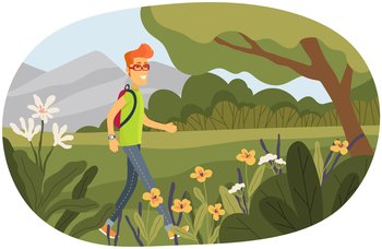 Smiling guy with backpack walking in forest. Tourist during walk or hike. Travel, hiking tour, camping concept. Man at outdoor expedition in nature. Person traveling in summer park or forest. Smiling guy with backpack walking in forest. Tourist during walk or hike, outdoor expedition