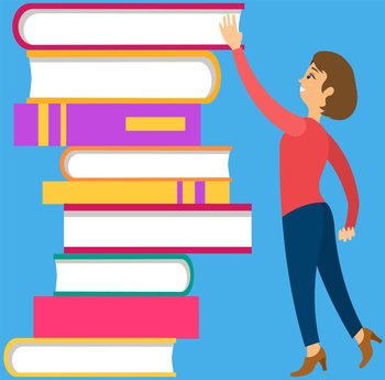 Woman reader loves to read seeks knowledge. Concept of learning, self-teaching, business education with textbooks, literature in library, knowledge and information. Stack of books with bookmarks. Woman reader loves to read seeks knowledge. Concept of learning, self-teaching, business education
