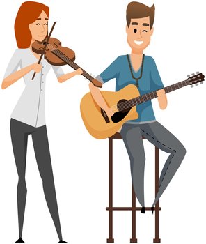 Musical group guitarist and violinist. Man sitting on high chair playing acoustic guitar, girl playing violin. Male musician playing strings at musical performance, concert with melodic instrument. Musical group guitarist and violinist. Man sitting on high chair playing guitar, girl playing violin
