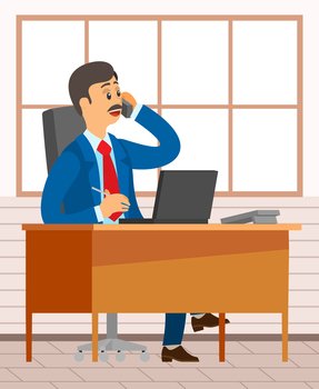 Businessman sitting at table and talking on mobile phone. Man in business suit with smartphone. Office employee, entrepreneur, manager at workplace telecommunications, negotiates with partners. Businessman sitting at table and talking on mobile phone. Man in business suit with smartphone