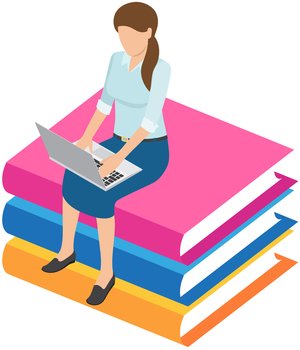 Self education, girl reading book, study and gain new knowledge. Student sitting on pile of textbooks. Concept of online courses, distance studying, self education, digital library, e-learning. Self education, girl reading book, study and gain new knowledge. Female student in digital library