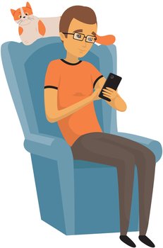 Young man using phone sitting in armchair with cat. Pet owner relaxing with smartphone at home vector illustration. Guy with domestic animal spending time in internet, chatting with friends online. Young man using phone sitting in armchair with cat. Pet owner relaxing with smartphone at home