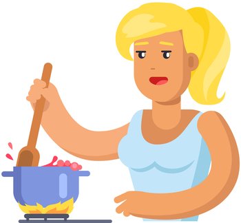 Nice cartoon woman in apron cooking foof on gas stove. Mother in kitchen does housework, cooks soup in pot for dinner. Preparing homemade meals at home, healthy proper nutrition, womens duties. Nice cartoon woman in apron cooking on gas stove. Mother in kitchen does housework, cooks dinner
