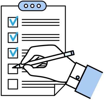 To do list or planning icon concept. Hand holding pencil and fill check mark on paper sheet with clipboard. All tasks are completed. Document with check marks, abstract text and marker. Daily plan. To do list or planning icon. Hand holding pencil and fill check mark on paper sheet with clipboard