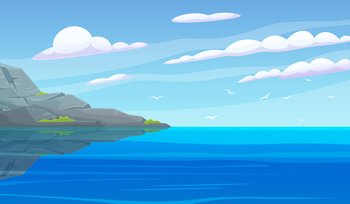 Seascape with rocks vector illustration. Landscape of nature, plants, flora of natural area. Outdoor recreation place with coastline abstract panoramic view. Ocean rocky shore with beautiful scenery. Seascape with rocks, ocean rocky shore with beautiful scenery. Landscape of natural , coastline