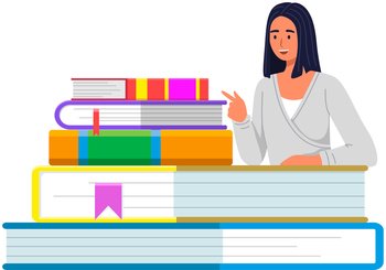 Woman reader sitting next to stack of textbooks vector illustration. Learning, self-teaching, education with books concept. Girl reading literature. Lady looking at stack of books with bookmarks. Woman reader sitting next to stack of textbooks. Girl reading educational literature, books