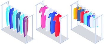 Hanger for home or boutique interior. Colored pants and jeans on hangers for fitting room. Wardrobe items on stand isolated on white background. Choosing clothes, garments for outfit concept. Hanger for home or boutique interior. Colored pants and jeans on hangers for fitting room in store