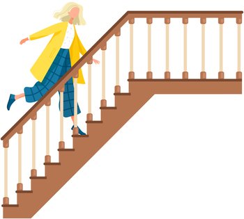 Young business woman running up stairs. Happy feminist climbing career ladder isolated person. Girl steps up stairs to successful point, run to her goal on apex. Business concept, way to big time. Young business woman running up stairs. Happy feminist climbing career ladder isolated person