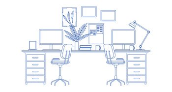 Modern home office interior line art. Remote workplace with desk, chair, computer and potted plants. Front view of empty working place with furniture. Workspace, freelance or studying concept. Modern home office interior line art. Remote workplace with desk, chair, computer and potted plants