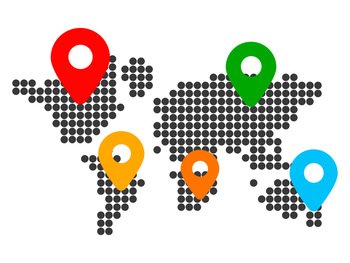 Map with location pointers, continents with countries and geotag. Connection and international communication worldwide. Delivery in different country. Geolocation signs, navigation gps locator. Map with location pointers, continents with geotag. Connection and international communication