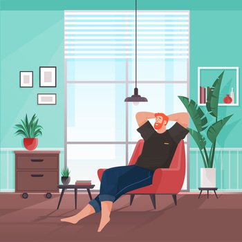 Young man sitting and chilling on armchair. Man is resting at home, leisure on weekend. Freelancer relaxing after work. Hipster in jeans and t-shirt. Relaxed guy thinking about something good. Young man sitting and chilling on armchair indoor. Man is resting at home, leisure on weekend