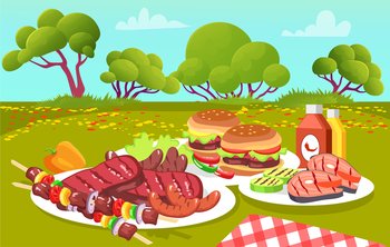 Lovely summer picnic scene in trendy cartoon style. Vector burgers, fried fish and grilled sausages, vegetables and sauces. Outdoor lunch on lawn. Dining on grass, leisure time, delicious on plates. Lovely summer picnic scene in trendy cartoon style. Outdoor lunch on lawn, dining on grass