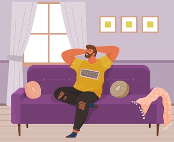 Man lying on sofa in apartment. Happy young guy relaxing, dreaming. Rest on couch and think about something. Home leisure pastime concept. Male character lying and enjoying time at home after work. Male character lying and enjoying time at home after work. Man lying on sofa in apartment