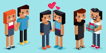 Pixel art couple in love staying together, vector illustration isolated pixelated people, man and woman lovers. Young loving romantic couple in relationship, romance, happy husband and wife set. Pixel art couple in love staying together, vector illustration isolated people man and woman lovers