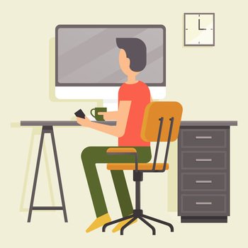 Work at home. Freelancer man working on computer at his house. Online study, education. Concept of remote work, freelancing, teaching, e-learning, from home office. Person sitting on chair at desk. Work at home. Freelancer man working on laptop computer at his house. Online study, education