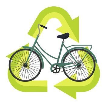 Green nature eco bike for logo design. Ecology bicycle on electric power with recycling Icon. Eco electricity city transportation. Green energy bike symbol. Environment conservation, stop pollution. Green nature eco bike for logo design. Ecology bicycle on electric power with recycling sign Icon