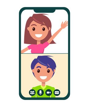 Boy and girl using smartphone talking with friends during video meeting. Remote comunication, virtual distance chatting, internet video call. Program for virtual intercommunication, teamwork. Boy and girl using smartphone talking with friends during video meeting. Remote comunication