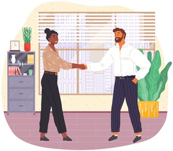 Dating in office, acquaintance. Business partnership cooperation beginning. Man and woman shaking hands after signing contract agreement. Working meeting, communication, dialogue. Handshake gesture. Dating in office, acquaintance. Business partnership beginning, man and woman shaking hands