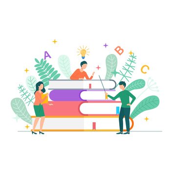Online library. Person on stack of large books, using literature studying in internet. Online courses and student concept. Distance learning, knowledge, economic education marketing and management. Online library, self study. Person on stack of large books, using literature studying in internet