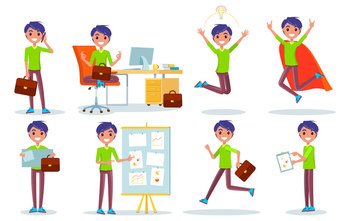 Set of student boy doing educational activities. Kid playing, standing in different poses set. Cheerful pupil at school. College teenager schoolboy daily life, studying and preparing for school lesson. Set of student boy doing educational activities. Kid playing, standing in different poses set
