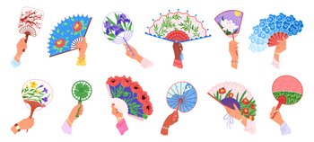 Hand fan icons. Collection of handheld icons isolated. Chinese and Japanese handheld fans. Icons of folding and rigid fans. Vector illustration. Paper folding hand fans, asian decoration held painting. Hand fan icons. Collection of handheld icons isolated. Chinese and Japanese handheld fans
