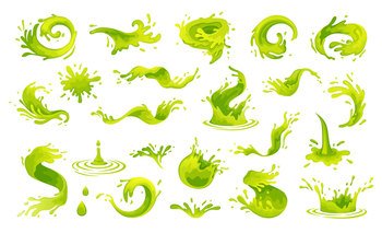 Green juice or water or oil splash. River splashes, green waves, spray, spill, dripping water drops. Lime, mojito realistic flow vector illustration. Green tea water splash expose set, aloe juice drop. Green juice or water or oil splash. River splashes, green waves, spray, spill, dripping water drops.