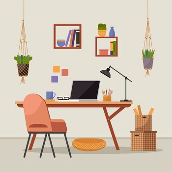 Home office. Interior vector illustration. Work from home. Office space reflects professionalism and dedicated work ethic Flat interior design emphasizes comfort and functionality in home office. Home office. Work from home. The interior design of the flat promotes a sense of calm and focus Office area provides