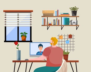 Work at home. Freelancer man working on computer at his house. Online study, education. Concept of remote work, freelancing, teaching, e-learning, from home office. Person sitting on chair at desk. Work at home ofiice. Freelancer man working on computer at his house. Online study, education
