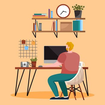 Home office interior. Vector illustration. Interior for freelancer study room furniture Freelance or studying concept Concept for telework, free lance workers, worker at home Classic homeoffice. Home office interior. Vector illustration. Interior for freelancer study room furniture