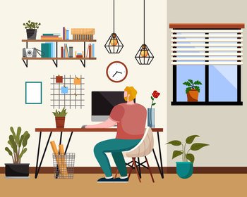 Home office interior. Vector illustration. Remote working from home or any place Scandinavian style cozy home office with homeplants Scandinavian or nordic style interior Freelance and convenient job. Home office interior. Vector illustration. Domestic and office furniture and equipment