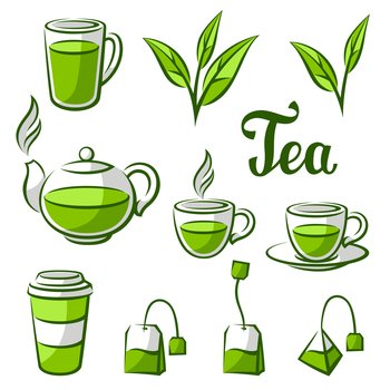 Green tea items set. Illustration with tea and accessories, packs and kettles. Image for advertising and production.. Green tea items set. Illustration with tea and accessories, packs and kettles.