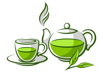 Cup and pot with green tea. Illustration of traditional drink. Image for advertising and production.. Cup and pot with green tea. Illustration of traditional drink.