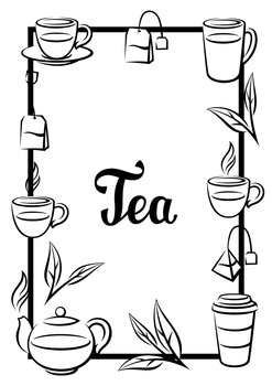 Frame with tea. Illustration with tea and accessories, packs and kettles. Image for advertising and production.. Frame with tea. Illustration with tea and accessories, packs and kettles.