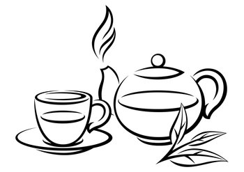 Cup and pot with tea. Illustration of traditional drink. Image for advertising and production.. Cup and pot with tea. Illustration of traditional drink.