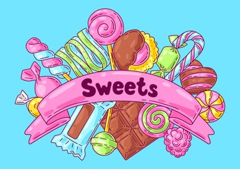 Background with candies and sweets. Design for confectionery or candy shop. Colorful cute illustration.. Background with candies and sweets. Design for confectionery or candy shop.