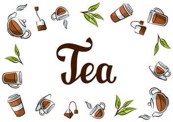 Background with black tea. Illustration with tea and accessories, packs and kettles. Image for advertising and production.. Background with black tea. Illustration with tea and accessories, packs and kettles.