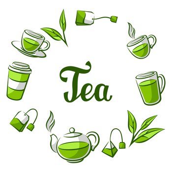 Frame with green tea. Illustration with tea and accessories, packs and kettles. Image for advertising and production.. Frame with green tea. Illustration with tea and accessories, packs and kettles.